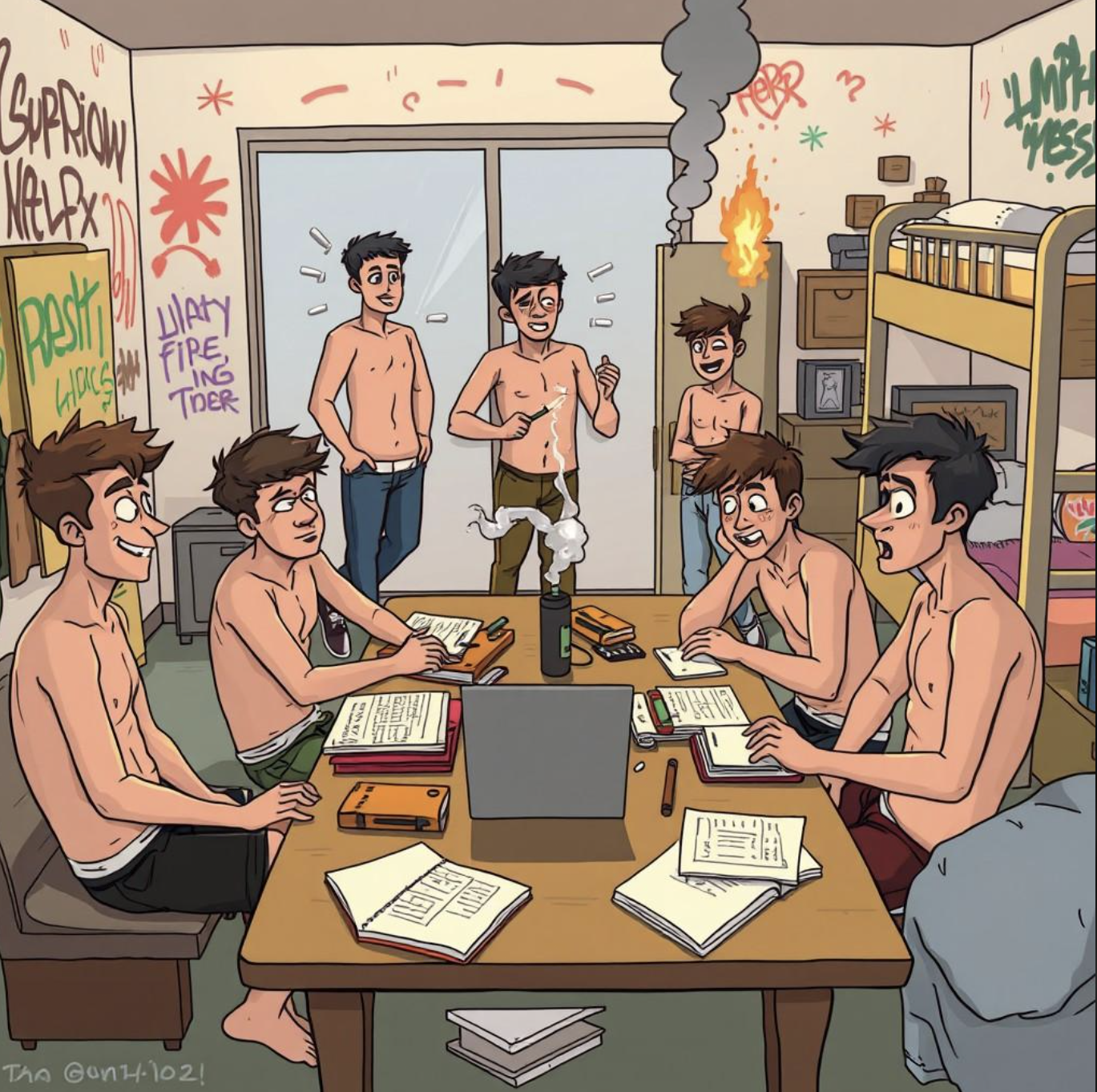 A humorous illustration of college friends gathered in a dorm room